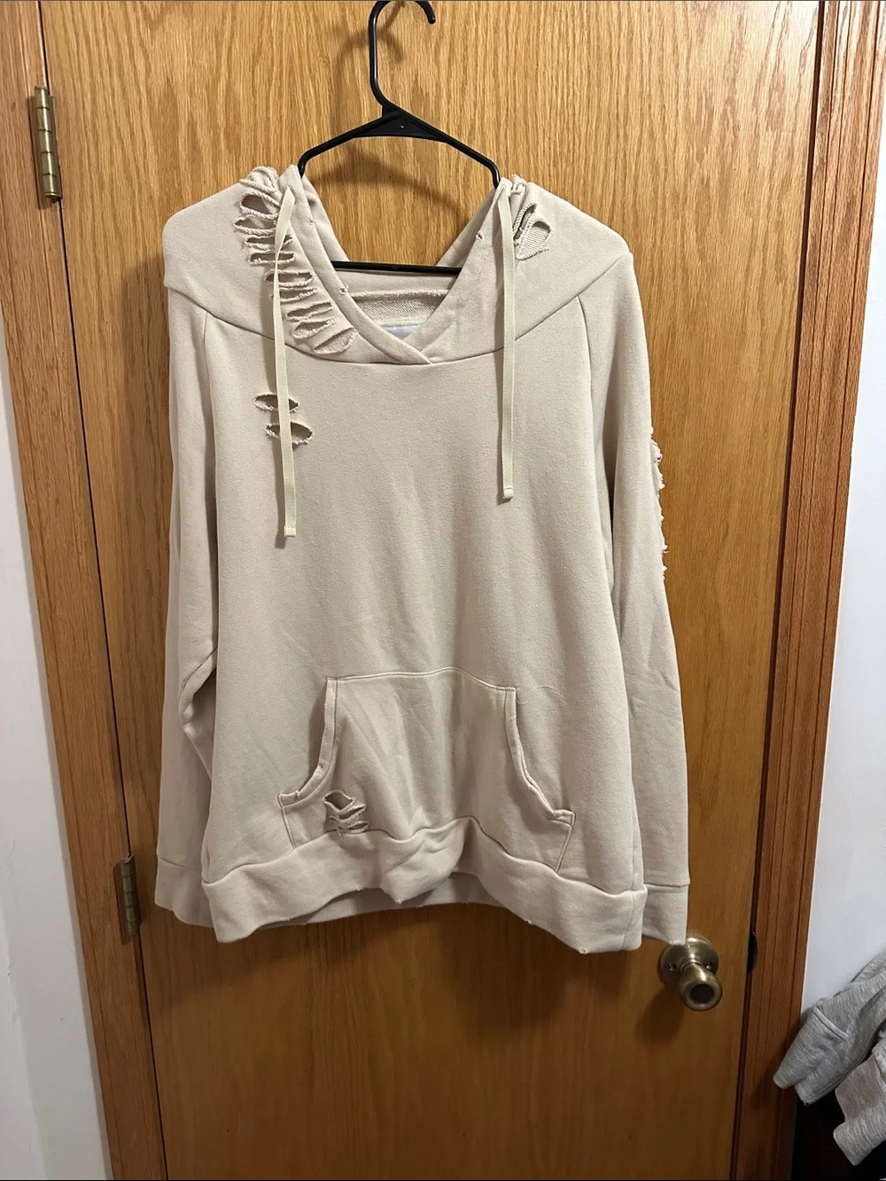 Distressed Cream Hoodie Sweater - Relaxed Crew Neck